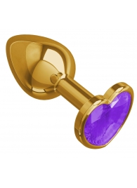 Золотистая анальная втулка с фиолетовым кристаллом-сердцем - 7 см. - Джага-Джага - купить с доставкой в Тюмени