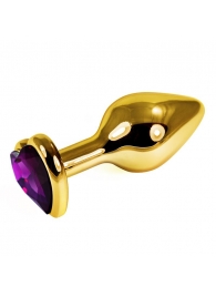 Золотистая анальная втулка с фиолетовым кристаллом-сердцем - 7 см. - Джага-Джага - купить с доставкой в Тюмени