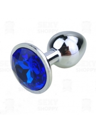 Серебристая анальная втулка с синим кристаллом - 7 см. - Джага-Джага - купить с доставкой в Тюмени