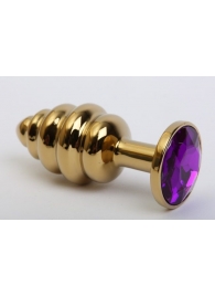 Золотистая рифлёная пробка с фиолетовым стразом - 8,2 см. - 4sexdreaM - купить с доставкой в Тюмени