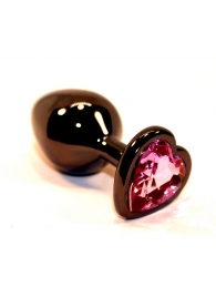 Чёрная анальная пробка с розовым стразом-сердцем - 8 см. - 4sexdreaM - купить с доставкой в Тюмени