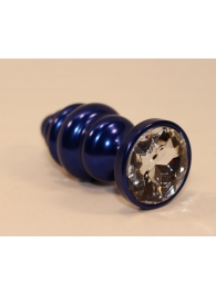 Синяя рифлёная пробка с прозрачным кристаллом - 7,3 см. - 4sexdreaM - купить с доставкой в Тюмени