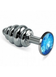 Серебристая фигурная анальная пробка с голубым кристаллом - 8,5 см. - 4sexdreaM - купить с доставкой в Тюмени