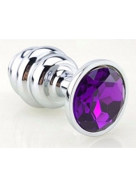 Серебристая фигурная анальная пробка с фиолетовым кристаллом - 8 см. - 4sexdreaM - купить с доставкой в Тюмени