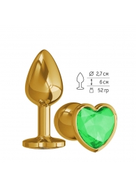Золотистая анальная втулка с зеленым кристаллом-сердцем - 7 см. - Джага-Джага - купить с доставкой в Тюмени