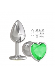 Серебристая анальная втулка с зеленым кристаллом-сердцем - 7 см. - Джага-Джага - купить с доставкой в Тюмени