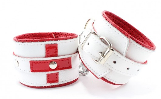 Бело-красные кожаные наручники для медсестры - БДСМ Арсенал - купить с доставкой в Тюмени