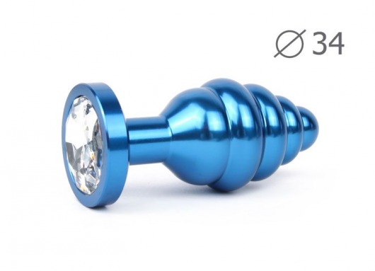 Коническая ребристая синяя анальная втулка с прозрачным кристаллом - 8 см. - Anal Jewelry Plug - купить с доставкой в Тюмени