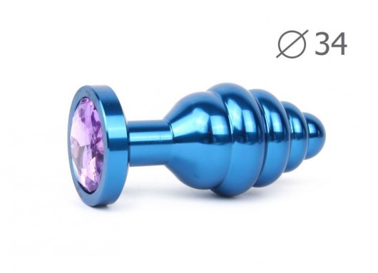 Коническая ребристая синяя анальная втулка с сиреневым кристаллом - 8 см. - Anal Jewelry Plug - купить с доставкой в Тюмени