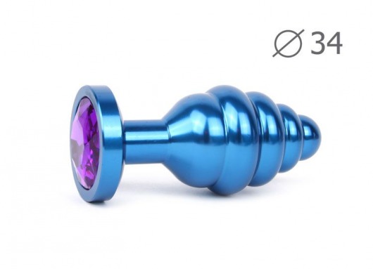 Коническая ребристая синяя анальная втулка с кристаллом фиолетового цвета - 8 см. - Anal Jewelry Plug - купить с доставкой в Тюмени