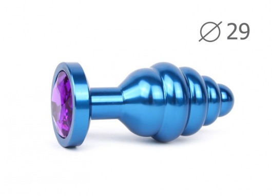 Коническая ребристая синяя анальная втулка с кристаллом фиолетового цвета - 7,1 см. - Anal Jewelry Plug - купить с доставкой в Тюмени