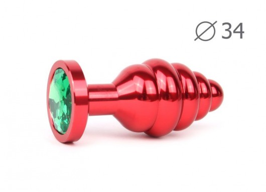 Коническая ребристая красная анальная втулка с зеленым кристаллом - 8 см. - Anal Jewelry Plug - купить с доставкой в Тюмени