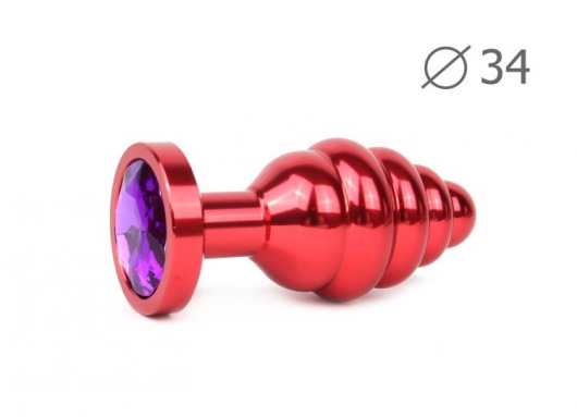 Коническая ребристая красная анальная втулка с кристаллом фиолетового цвета - 8 см. - Anal Jewelry Plug - купить с доставкой в Тюмени