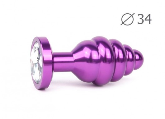 Коническая ребристая фиолетовая анальная втулка с прозрачным кристаллом - 8 см. - Anal Jewelry Plug - купить с доставкой в Тюмени