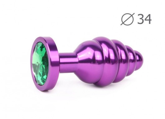 Коническая ребристая фиолетовая анальная втулка с зеленымм кристаллом - 8 см. - Anal Jewelry Plug - купить с доставкой в Тюмени