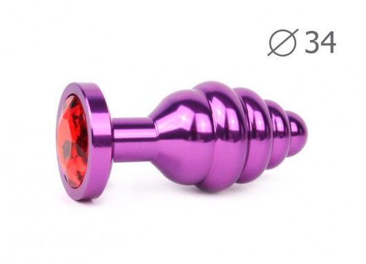 Коническая ребристая фиолетовая анальная втулка с красным кристаллом - 8 см. - Anal Jewelry Plug - купить с доставкой в Тюмени