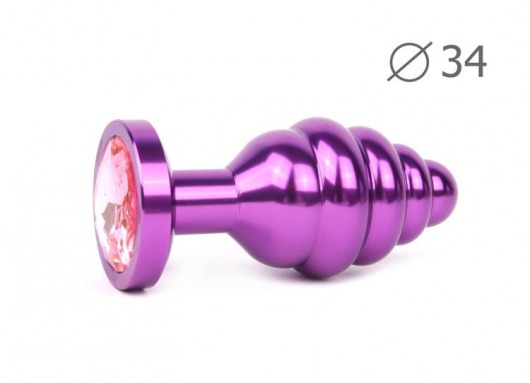 Коническая ребристая фиолетовая анальная втулка с розовым кристаллом - 8 см. - Anal Jewelry Plug - купить с доставкой в Тюмени
