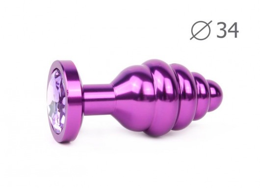 Коническая ребристая фиолетовая анальная втулка с сиреневым кристаллом - 8 см. - Anal Jewelry Plug - купить с доставкой в Тюмени