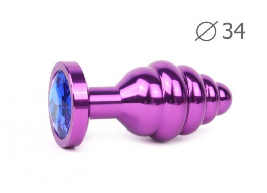 Коническая ребристая фиолетовая анальная втулка с синим кристаллом - 8 см. - Anal Jewelry Plug - купить с доставкой в Тюмени