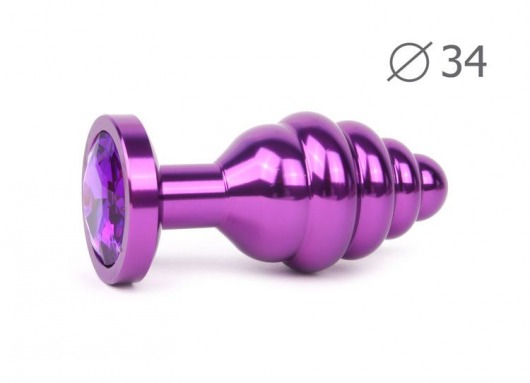 Коническая ребристая фиолетовая анальная втулка с кристаллом фиолетового цвета - 8 см. - Anal Jewelry Plug - купить с доставкой в Тюмени