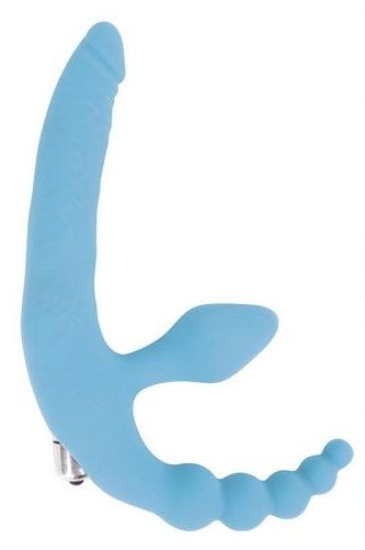 Голубой безремневой страпон с анальным отростком и вибрацией - 15 см. - Bior toys - купить с доставкой в Тюмени