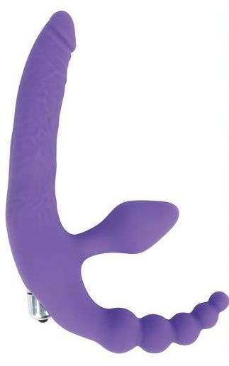 Фиолетовый безремневой страпон с анальным отростком и вибрацией - 15 см. - Bior toys - купить с доставкой в Тюмени