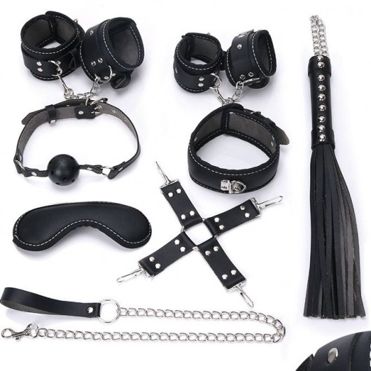 Пикантный черный набор БДСМ: маска, ошейник, кляп, фиксатор, наручники, оковы, плеть - Bior toys - купить с доставкой в Тюмени