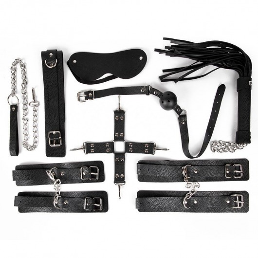 Большой черный набор БДСМ: наручники, оковы, ошейник с поводком, кляп, маска, плеть, фиксатор - Bior toys - купить с доставкой в Тюмени
