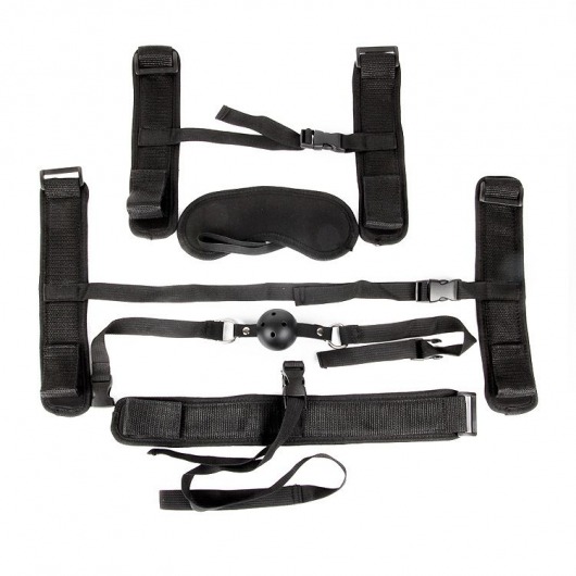 Пикантный черный текстильный набор БДСМ: наручники, оковы, ошейник с поводком, кляп, маска - Bior toys - купить с доставкой в Тюмени