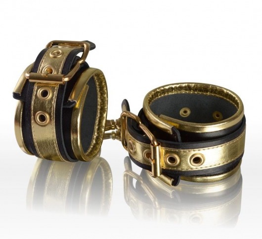 Золотисто-чёрные кожаные наручники - Sitabella - купить с доставкой в Тюмени
