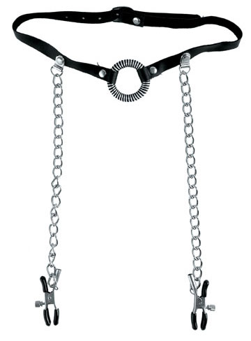Кольцо-расширитель для рта с цепочками, соединяющими его с клипсами для сосков O-Ring Gag   Nipple Clamps - Pipedream - купить с доставкой в Тюмени