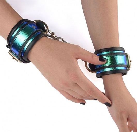 Кожаные сине-черные наручники с голографией - Sitabella - купить с доставкой в Тюмени