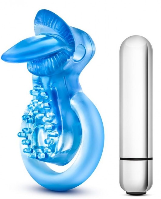 Голубое эрекционное виброкольцо 10 Function Vibrating Tongue Ring - Blush Novelties - в Тюмени купить с доставкой