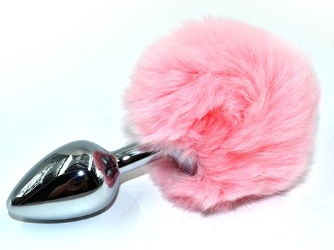 Серебристая округлая анальная пробка с заячьим хвостиком розового цвета - 11,5 см. - Kanikule - купить с доставкой в Тюмени