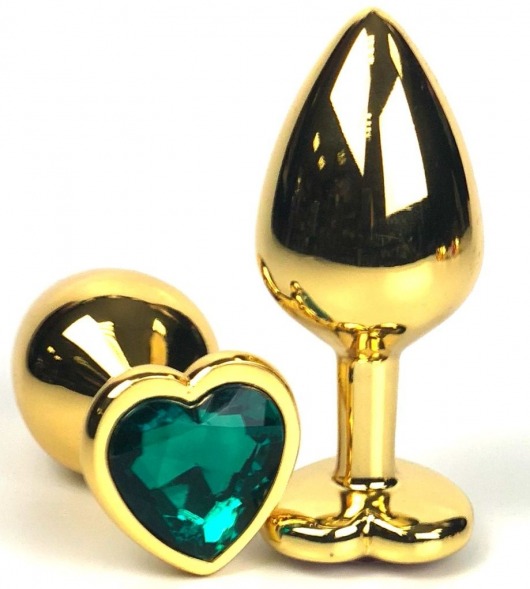 Золотистая анальная пробка с зеленым кристаллом-сердцем - 6,5 см. - Vandersex - купить с доставкой в Тюмени