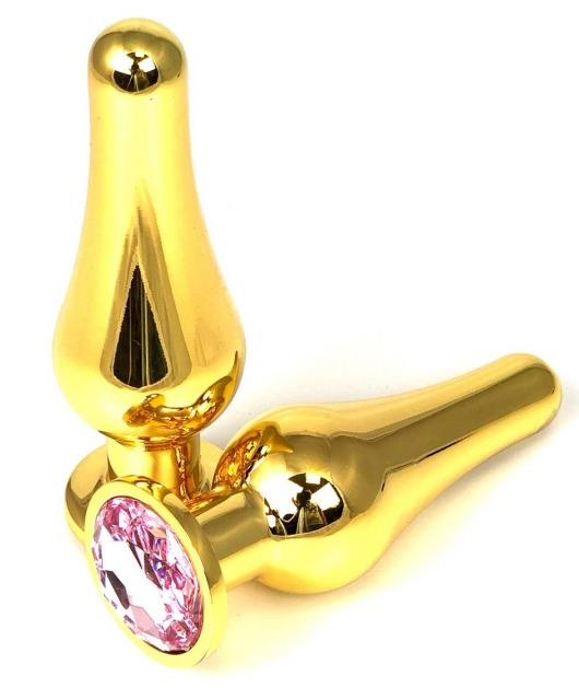Золотистая удлиненная анальная пробка с нежно-розовым кристаллом - 11,5 см. - Vandersex - купить с доставкой в Тюмени