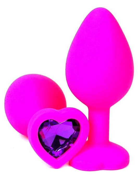 Розовая силиконовая пробка с фиолетовым кристаллом-сердцем - 8,5 см. - Vandersex - купить с доставкой в Тюмени