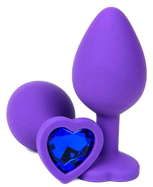 Фиолетовая силиконовая анальная пробка с синим стразом-сердцем - 8 см. - Vandersex - купить с доставкой в Тюмени