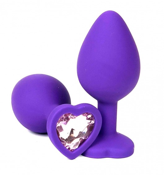 Фиолетовая силиконовая анальная пробка с нежно-розовым стразом-сердцем - 8 см. - Vandersex - купить с доставкой в Тюмени