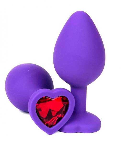 Фиолетовая силиконовая анальная пробка с красным стразом-сердцем - 8,5 см. - Vandersex - купить с доставкой в Тюмени