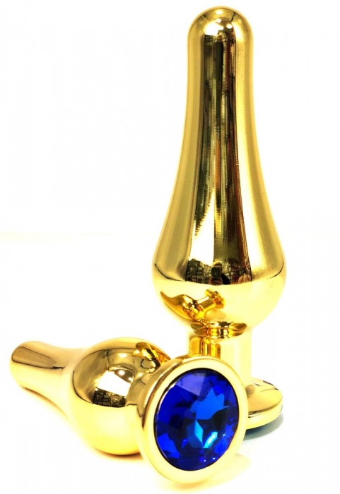 Золотистая удлиненная анальная пробка с синим кристаллом - 10 см. - Vandersex - купить с доставкой в Тюмени