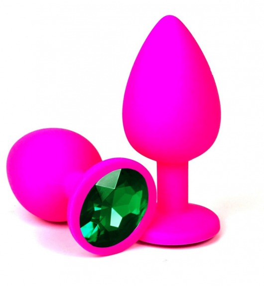 Розовая силиконовая анальная пробка с зеленым стразом - 9,2 см. - Vandersex - купить с доставкой в Тюмени
