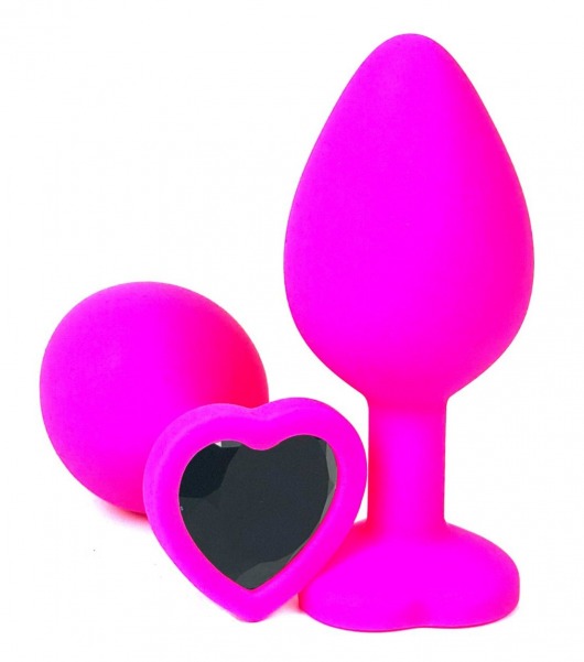 Розовая силиконовая пробка с черным кристаллом-сердцем - 8 см. - Vandersex - купить с доставкой в Тюмени