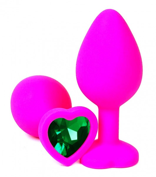 Розовая силиконовая пробка с зеленым кристаллом-сердцем - 8 см. - Vandersex - купить с доставкой в Тюмени