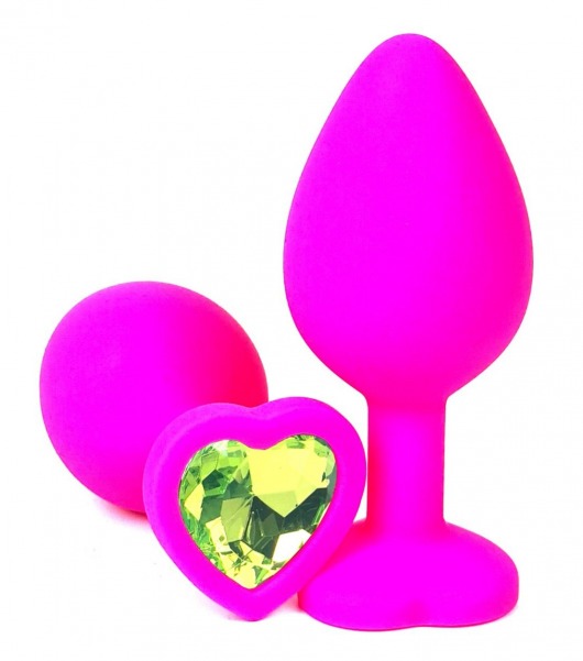 Розовая силиконовая пробка с лаймовым кристаллом-сердцем - 10,5 см. - Vandersex - купить с доставкой в Тюмени
