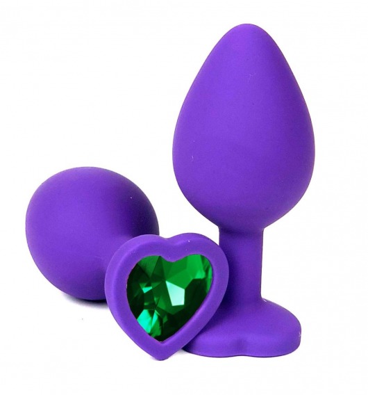 Фиолетовая силиконовая анальная пробка с зеленым стразом-сердцем - 8 см. - Vandersex - купить с доставкой в Тюмени