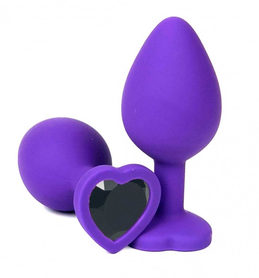 Фиолетовая силиконовая анальная пробка с черным стразом-сердцем - 8 см. - Vandersex - купить с доставкой в Тюмени