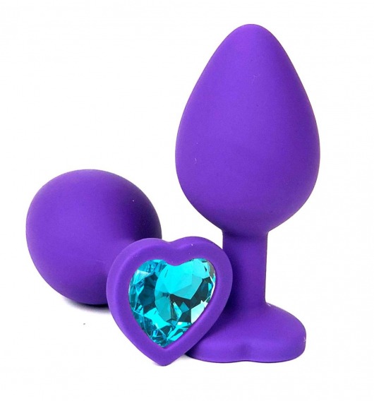 Фиолетовая силиконовая анальная пробка с голубым стразом-сердцем - 10,5 см. - Vandersex - купить с доставкой в Тюмени
