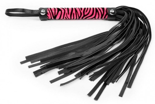 Черная многохвостовая плеть с круглой розовой ручкой-зеброй - 39 см. - Notabu - купить с доставкой в Тюмени