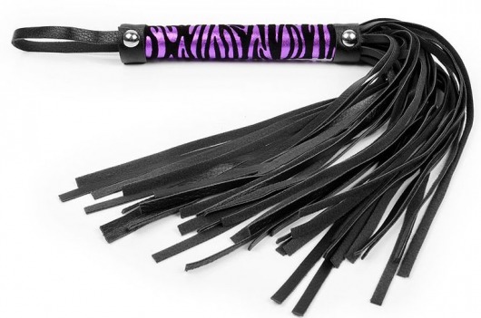 Черная многохвостовая плеть с круглой фиолетовой ручкой-зеброй - 39 см. - Notabu - купить с доставкой в Тюмени